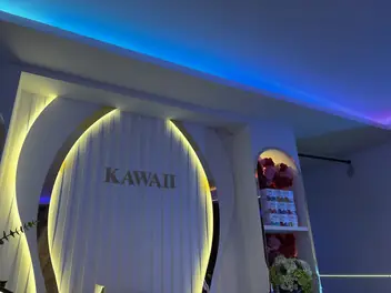 Kawaii Nuru Massage: reception with the lit logo arch